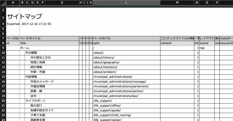 サイトマップExcelファイルの例
